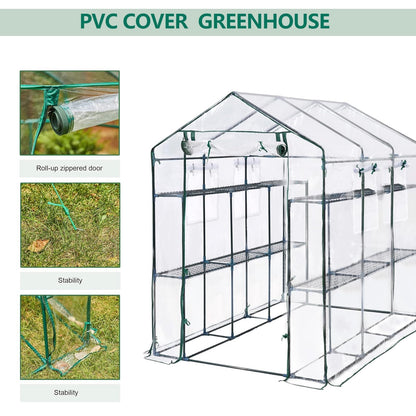 Greenhouse, 57 x 85 x 77'' Greenhouses for Outdoors, with Mesh Side Windows, PE Cover, 8 Shelves, Heavy Duty Walk in Green House for Backyard Garden Indoor, White& Green Outside