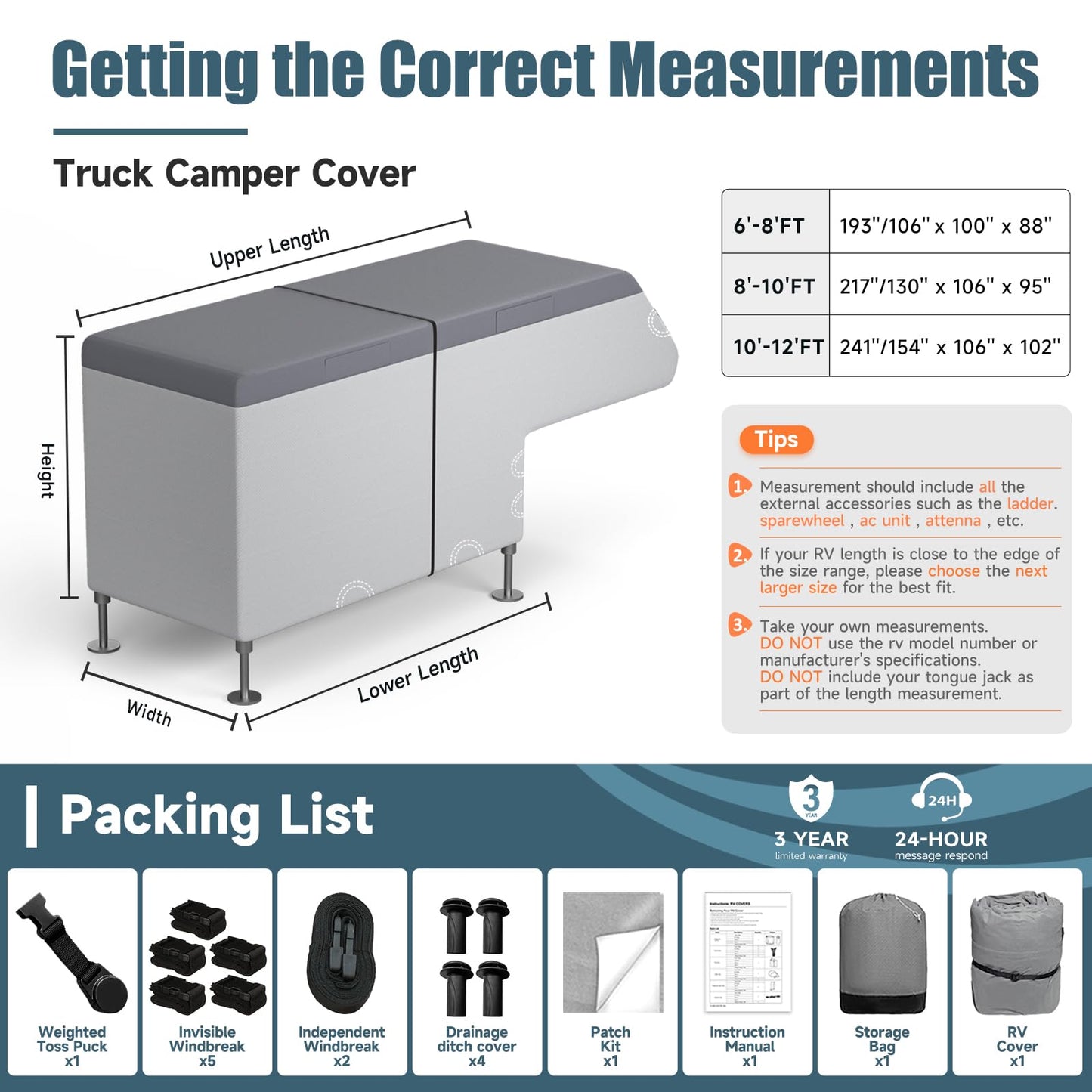 Umbrauto Truck Camper Cover Fits 10-12ft, 7-Layer Top RV Trailer Covers, Waterproof All Season Protection with Gutter Cover, Windproof Straps