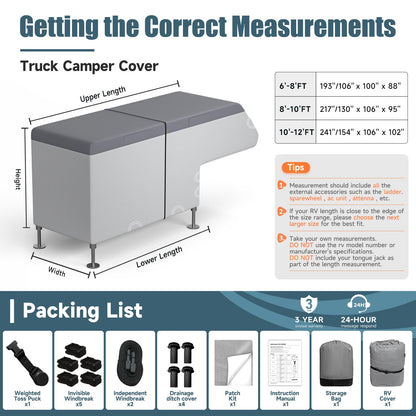 Umbrauto Truck Camper Cover Fits 10-12ft, 7-Layer Top RV Trailer Covers, Waterproof All Season Protection with Gutter Cover, Windproof Straps