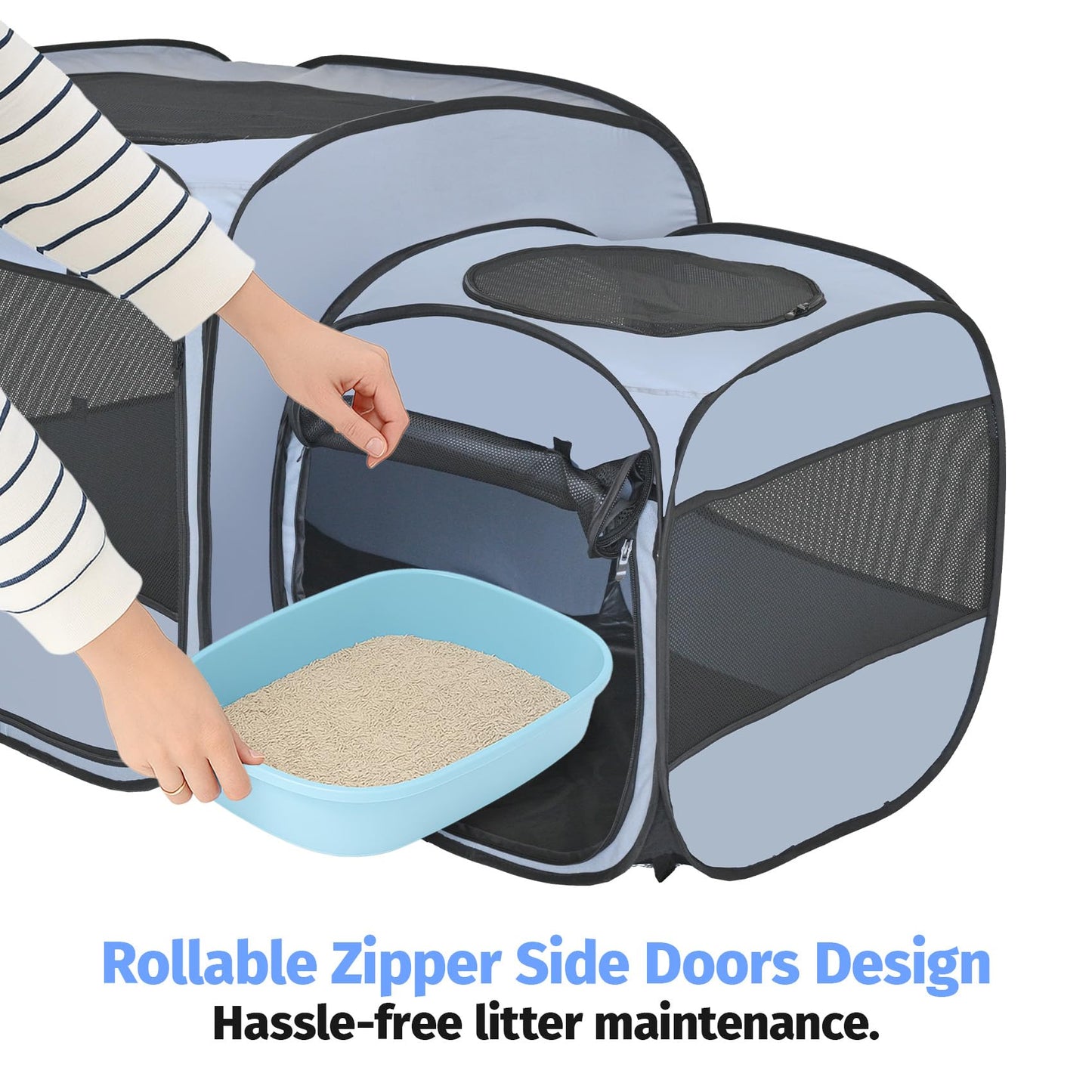 EighteenTek® 2-in-1 Portable Cat Playpen(Front Doors), Pop up Kitten Playpen, Assembly-Free, Pet Tent Crates Kennel Cage Enclosure for Dog Puppy Indoor Outdoor(No Divider, Unified Space)