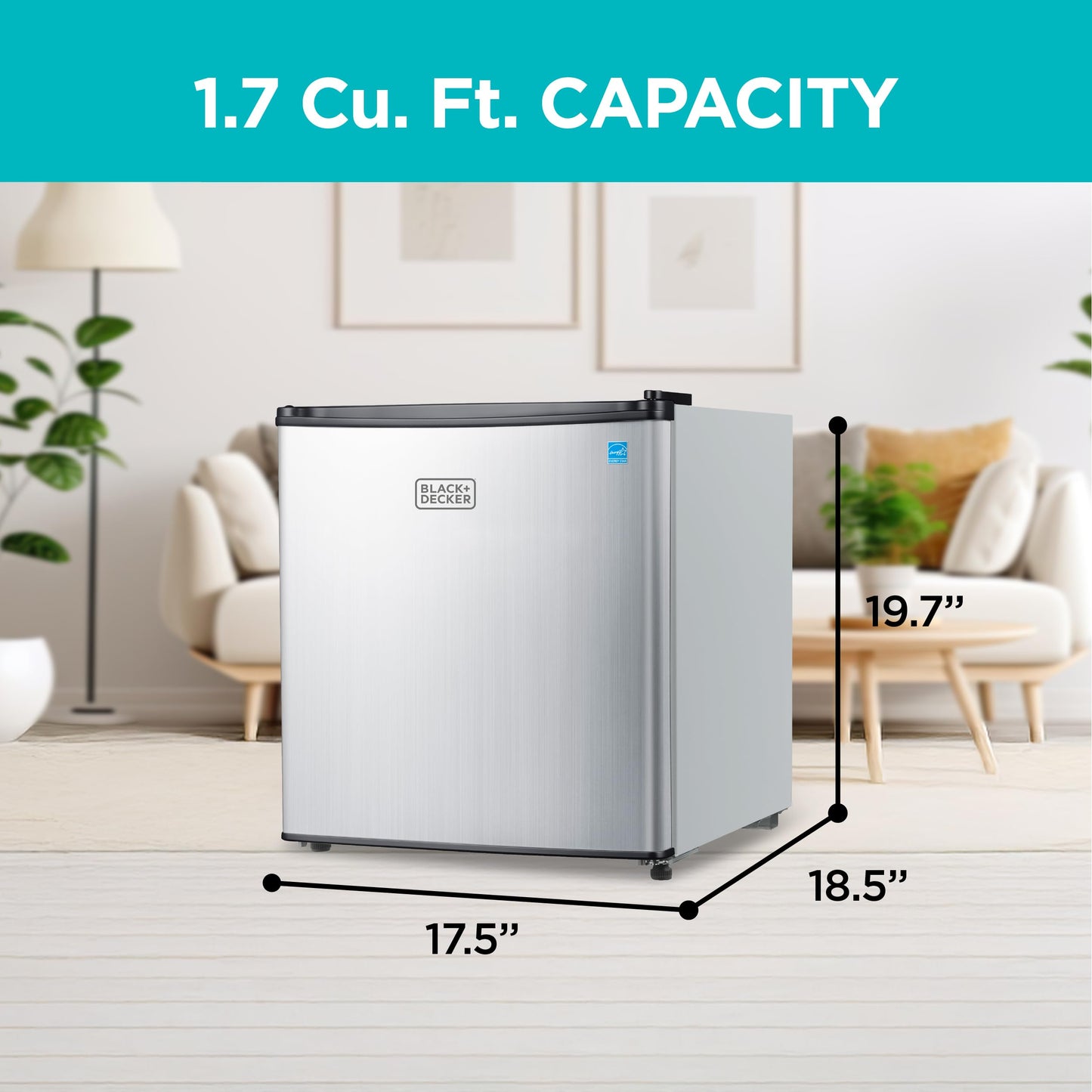 BLACK+DECKER 1.7 Cu. Ft. Compact Refrigerator, ENERGY STAR Certified, Single Door Mini Fridge with Chiller Compartment, Personal Fridge for Home or Dorm Room, R600a Refrigerant, BCRK17V,Stainless Look