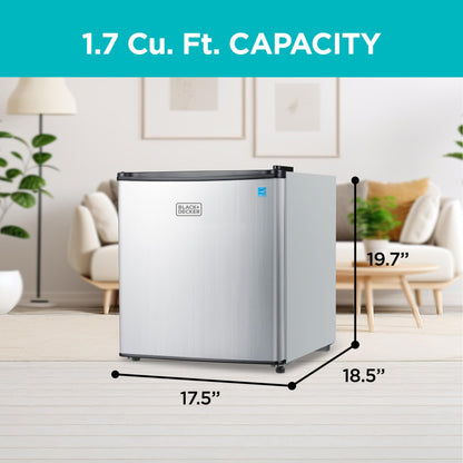 BLACK+DECKER 1.7 Cu. Ft. Compact Refrigerator, ENERGY STAR Certified, Single Door Mini Fridge with Chiller Compartment, Personal Fridge for Home or Dorm Room, R600a Refrigerant, BCRK17V,Stainless Look