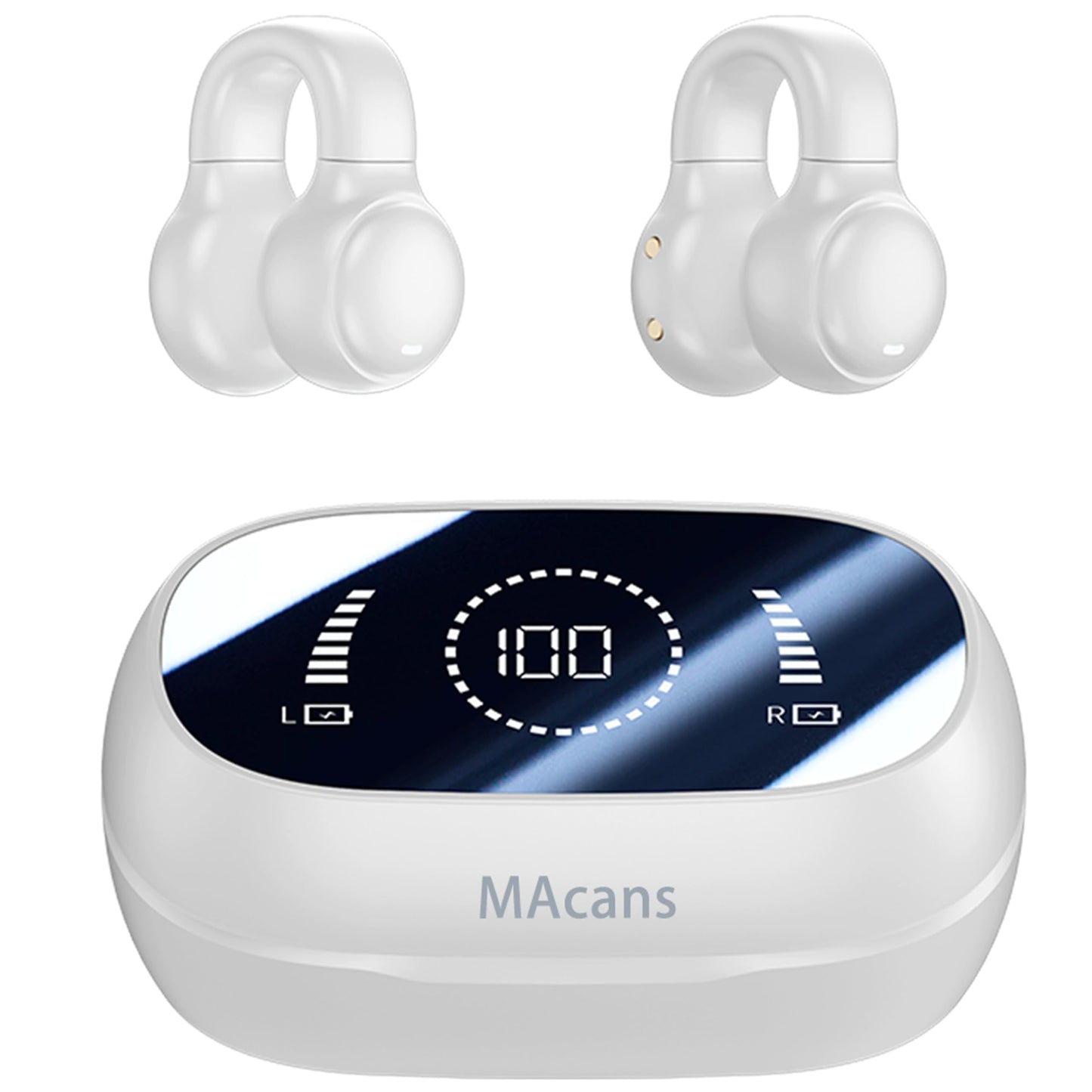 MAcnas Wireless Earbuds Open Ear Clip Headphones Air Conduction Earbuds LED Power Display Earphones Sport Bluetooth 5.3 Headphones (White)