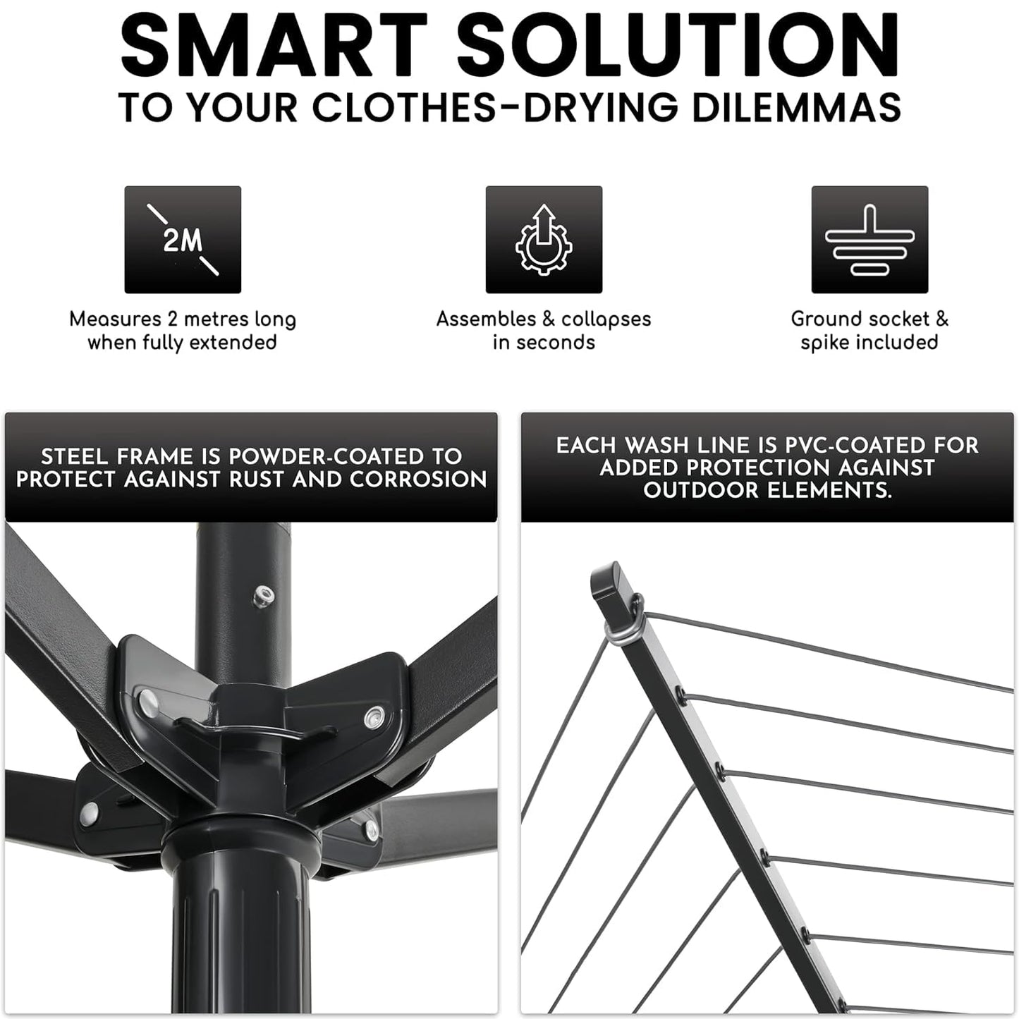Outdoor Umbrella Clothesline, 165 Feet Heavy Duty Rotary Dryer with 12 Lines & 4 Arms, Adjustable Height Foldable Retractable Collapsible Metal Drying Rack for Backyard, Patio, Garden