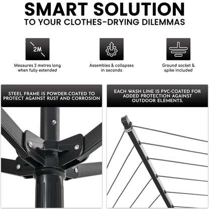 Outdoor Umbrella Clothesline, 165 Feet Heavy Duty Rotary Dryer with 12 Lines & 4 Arms, Adjustable Height Foldable Retractable Collapsible Metal Drying Rack for Backyard, Patio, Garden