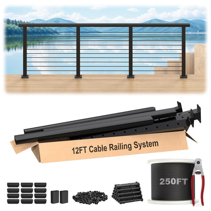 RailinGo 36" Complete Set Cable Railing Post Kits, Swageless Cable Rail System Includes 4Pack 35" Level Drilled Posts, 3Pack 4.5FT Cable Handrail w/Connectors, 1/8" 250FT Wire Rope, Black Wire Railing