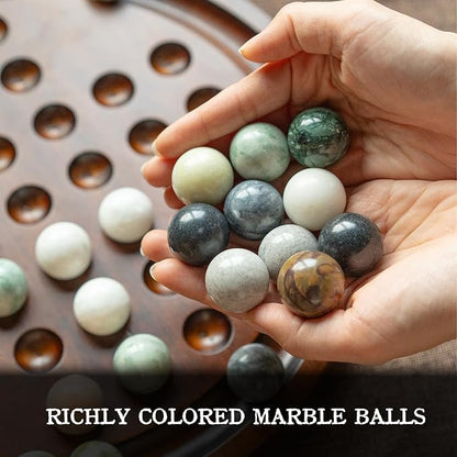 Deluxe Solitaire Game Set: 12.6'' Solid Wooden Board 32 Natural Marble Balls Single-Player Strategy and Smart Games