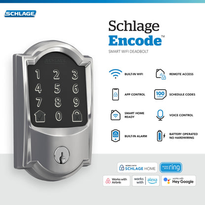 Schlage Encode Smart WiFi Deadbolt Lock for Front Door - Keyless Entry with App or Touchscreen - Works with Alexa, Hey Google, & Airbnb - Create Codes for Guests - Matte Black