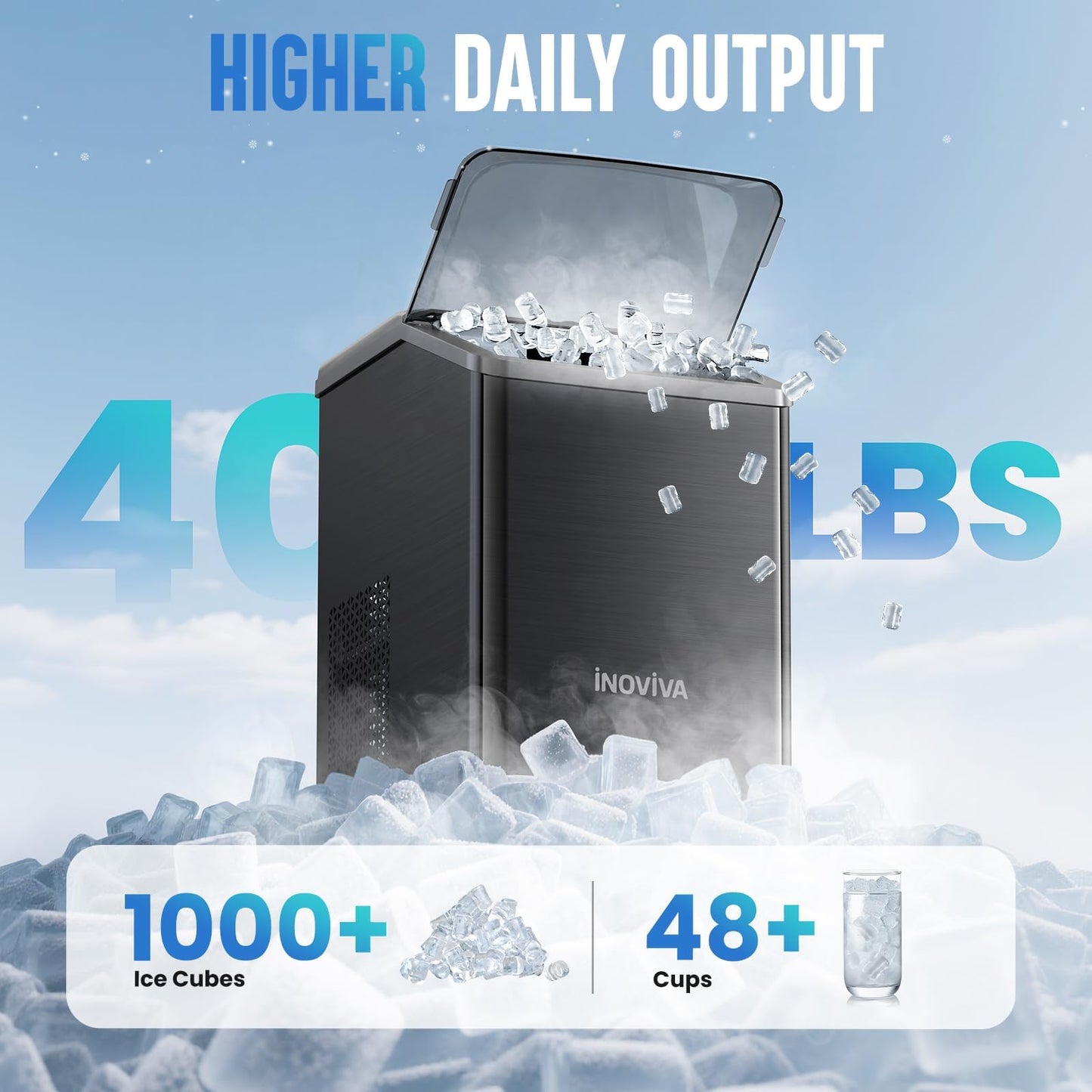 inoviva Nugget Ice Maker Countertop, 40lbs/24H Soft Chewable Pellet Ice Machine with Self-Cleaning, Sonic Ice Maker for Home Kitchen, Office - Black Stainless