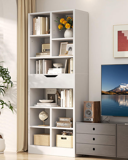 Armocity 8-Tier Tall Bookshelf with Drawer, 73.6" Narrow Freestanding Bookcase, Space-Saving Wood Display Shelves Storage for Living Room, Home Office Bedroom, White
