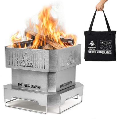 ONETIGRIS CAMPING NESTFIRE 11.8 Inch Portable Fire Pit with Grill Grate and Storage Bag | BBQ, Cooking, Bonfire 3 in 1 | Camping Fire Pit for Patio,Backyard, Picnics, Backpacking