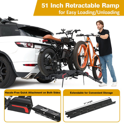 Ebike Rack with Ramp for 2 E-Bikes 200 lbs Capacity Fits 5" Fat Tire, Hitch Bike Rack for Cars SUVs Trucks with 2" Receiver, Foldable Tilting Locking No Assembly Needed E-Bike Platform Carrier