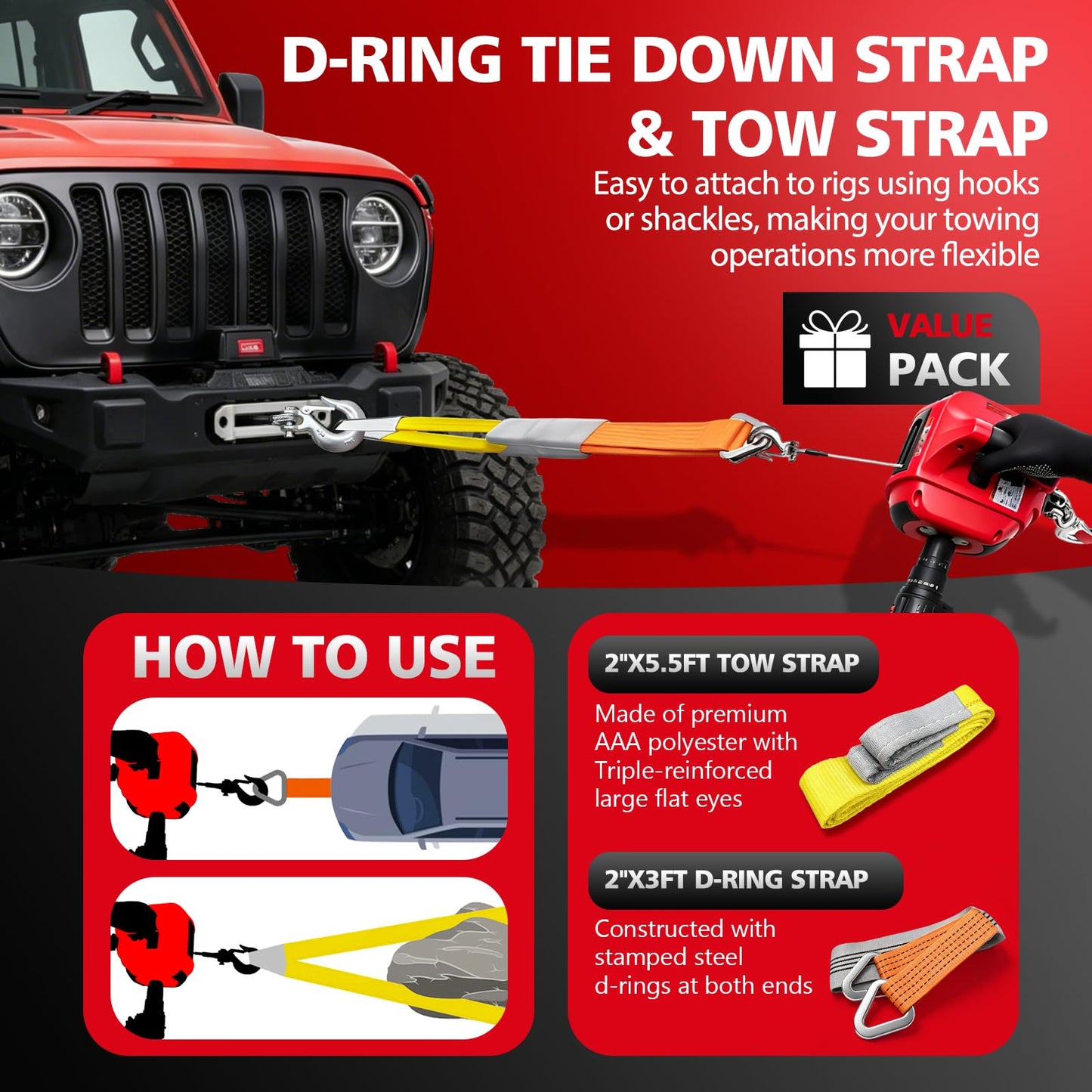 SENKEYFE Drill Powered Portable Winch 1000LBS, 40FT Portable Drill Winch w/D-Ring Strap & Tow Strap, New Anti-Twist Steel Wire Rope, Portable Handheld Drill Winch for Dragging Handling Trailer