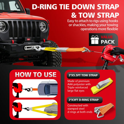 SENKEYFE Drill Powered Portable Winch 1000LBS, 40FT Portable Drill Winch w/D-Ring Strap & Tow Strap, New Anti-Twist Steel Wire Rope, Portable Handheld Drill Winch for Dragging Handling Trailer