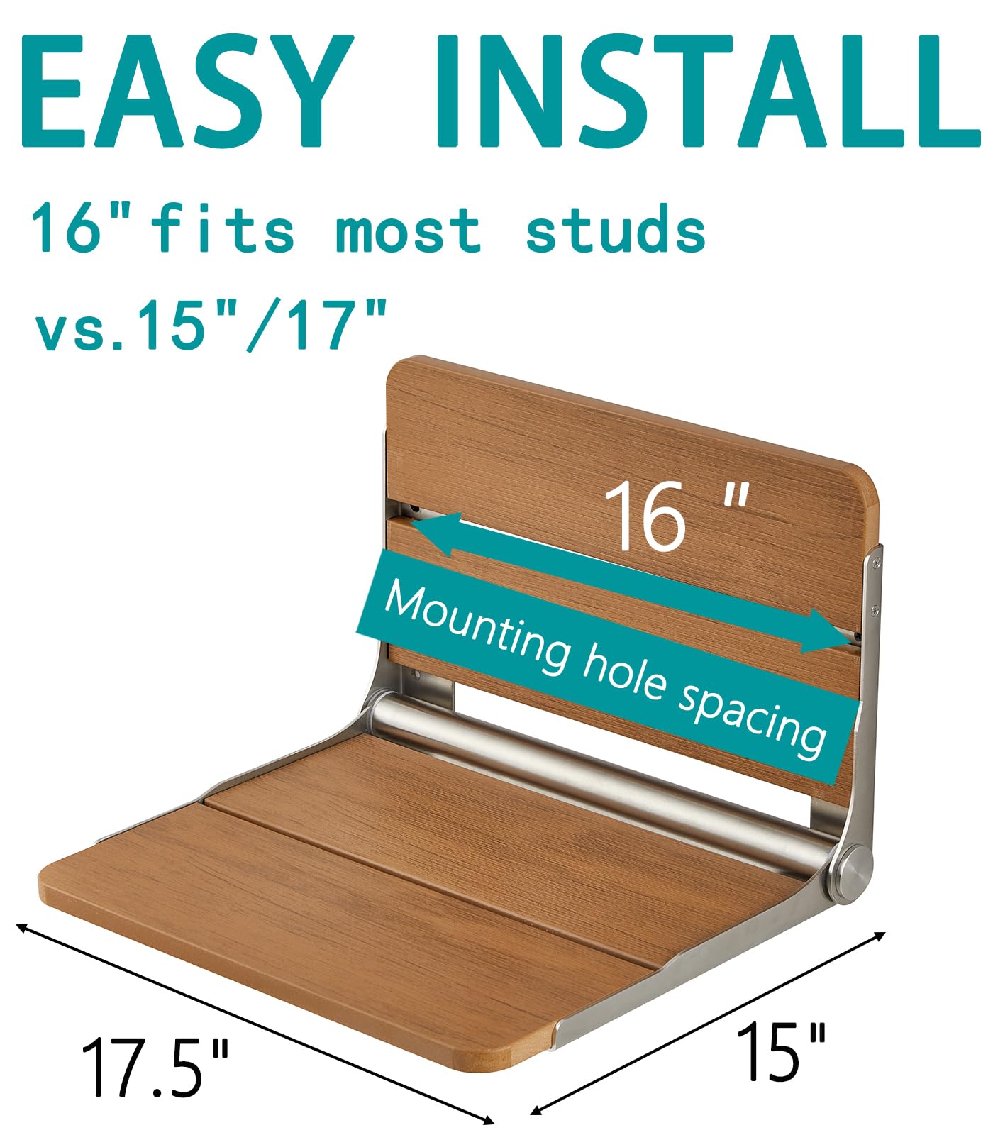 17.5'' Wall Mounted Folding Shower Bench Seat, HDPS Foldable Shower Stool for Inside, Waterproof Fold Down Bath Seating Chair, Brown, Weight Capacity 400LBS