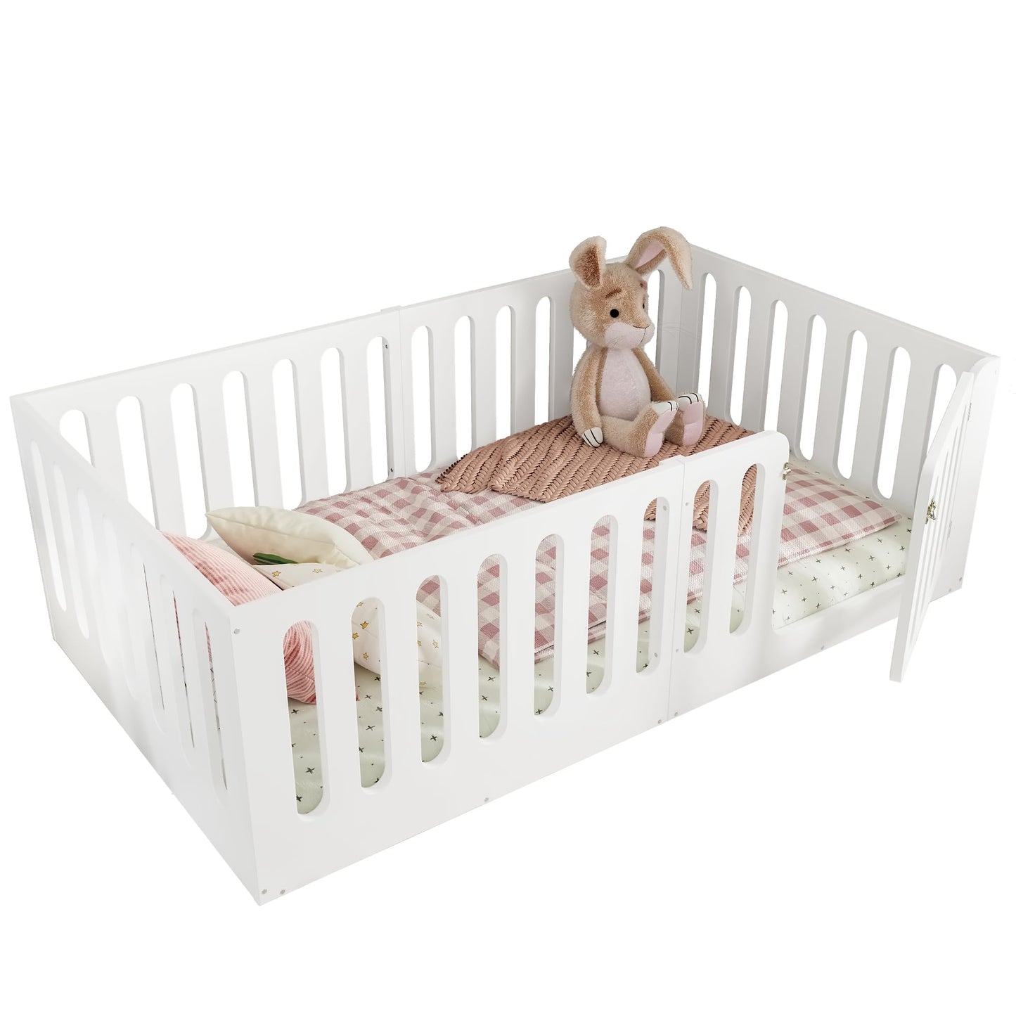 GDFStudio Twin Size Montessori Floor Bed with Door, Solid Wood Kids Floor Bed Frame, Low Profile No Box Spring Needed, House Style Design, Sturdy Slat Support, Light White Finish