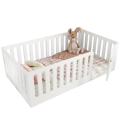 GDFStudio Twin Size Montessori Floor Bed with Door, Solid Wood Kids Floor Bed Frame, Low Profile No Box Spring Needed, House Style Design, Sturdy Slat Support, Light White Finish