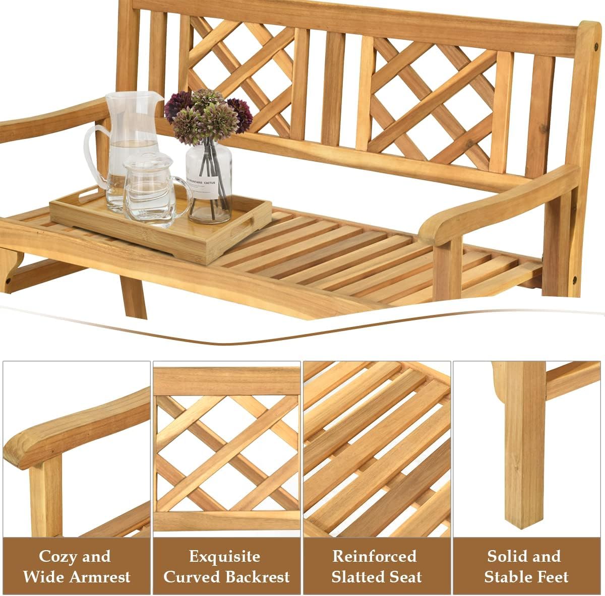 SPORFIT Rustic Garden Bench, Foldable Outdoor Bench with High Back & Armrest, 4 FT Acacia Wood Bench, 2-Person Loveseat Chair for Front Porch, Patio, Backyard & Park, Light Teak Finish
