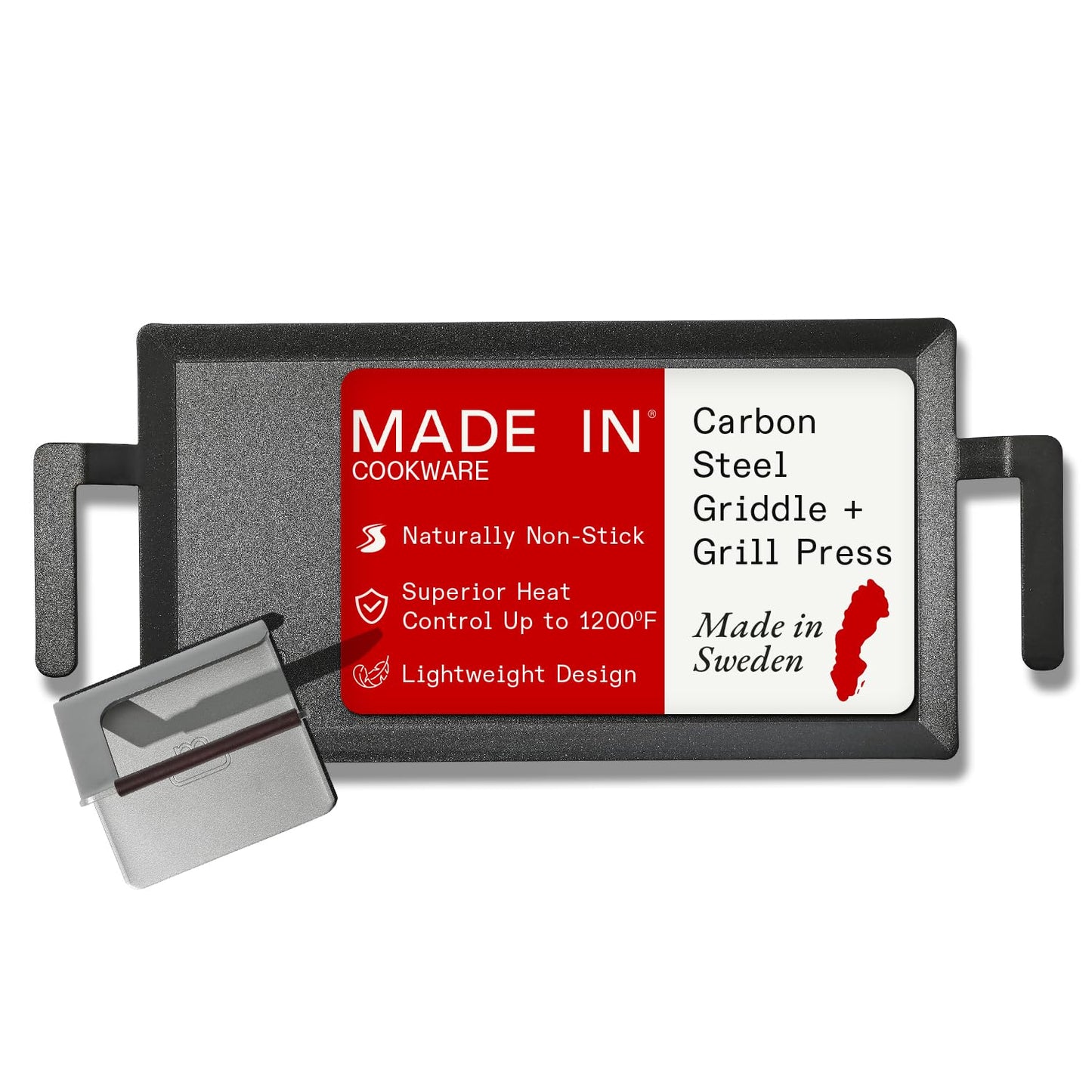 Made In Cookware | Carbon Steel Griddle + Grill Press | Professional Cookware | Crafted in Sweden | Induction Compatible