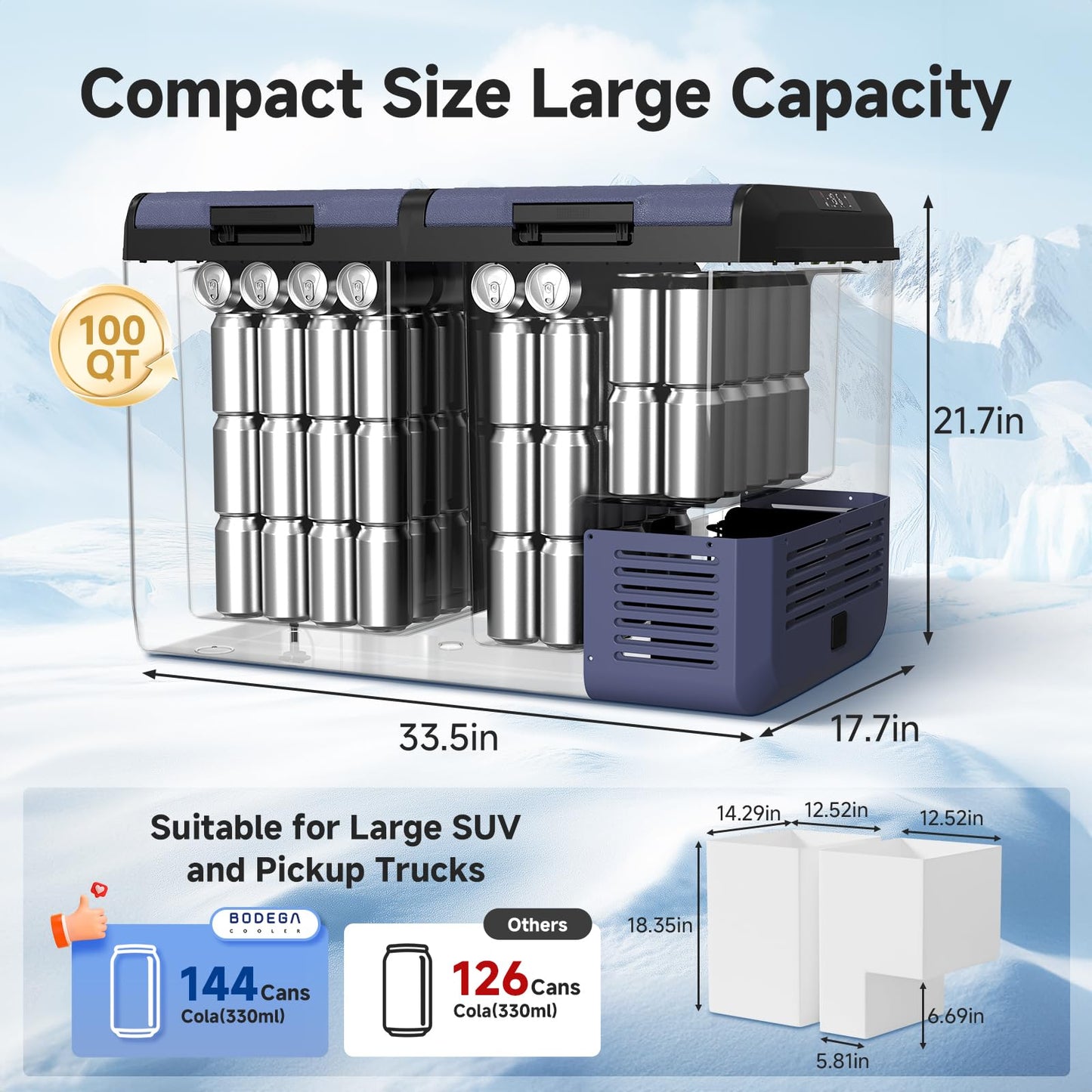 BODEGACOOLER 12 Volt Refrigerator, 100QT(95L) IPX4 Waterproof Electric Cooler, Car Fridge Dual Zone APP Control with 12/24V DC 110-240V AC, -4℉~68℉, Portable Freezer for Camping,Travel,RV,Road Trips