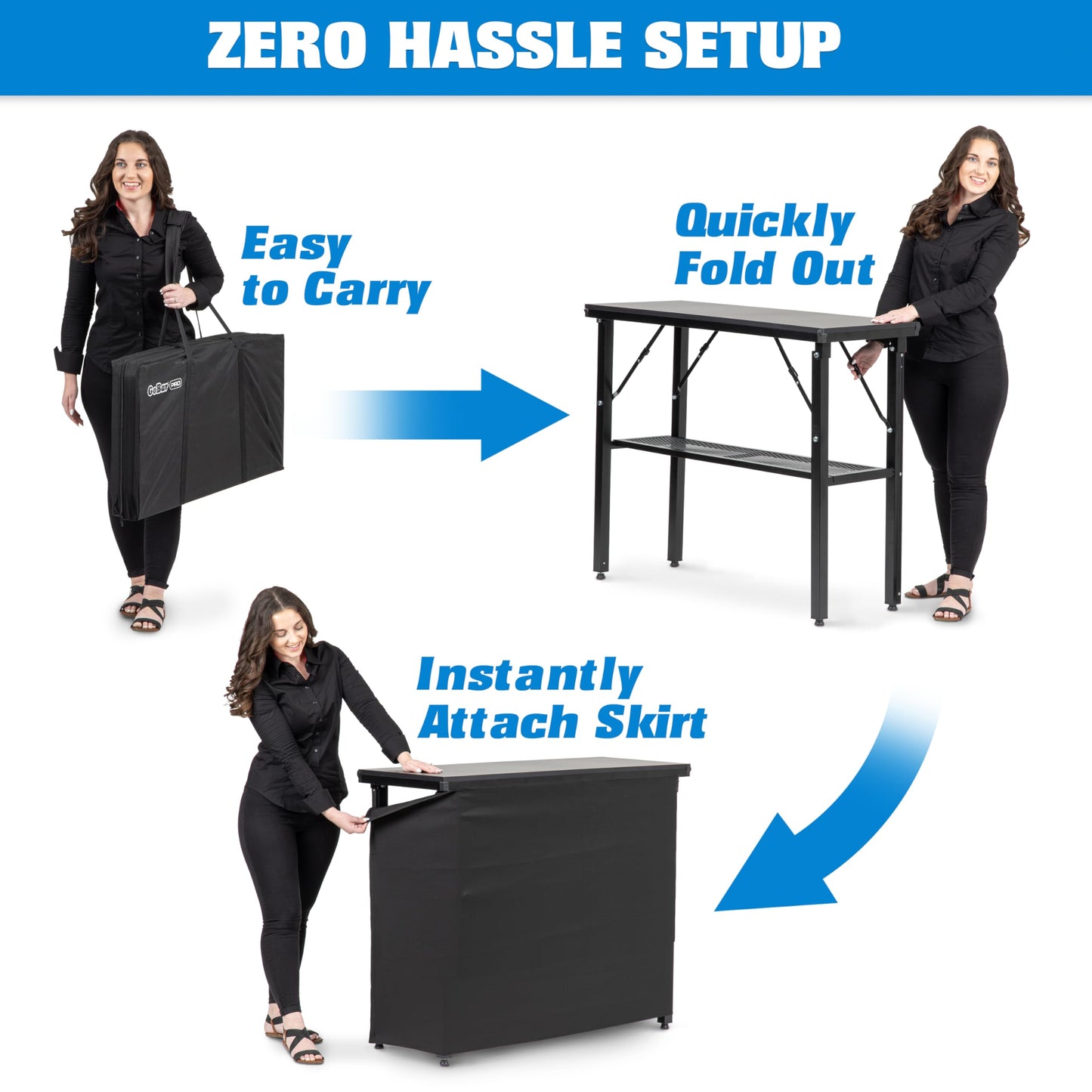 GoBar PRO Commercial Grade Portable Bar Table - Mobile Bartender Station for Events - Includes Black Skirt and Carry Case - Standard or LED