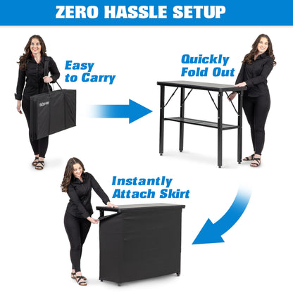 GoBar PRO Commercial Grade Portable Bar Table - Mobile Bartender Station for Events - Includes Black Skirt and Carry Case - Standard or LED