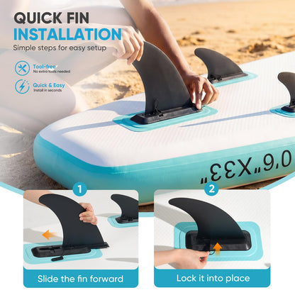 Inflatable Stand Up Paddle Board 10'6" x 33" x 6", 350 LBS Capacity Beginner-Friendly SUP Board with Paddle, Pump, Backpack, Leash, Waterproof Phone Bag and 3 Fins for Lake, Ocean or River Fun, Blue