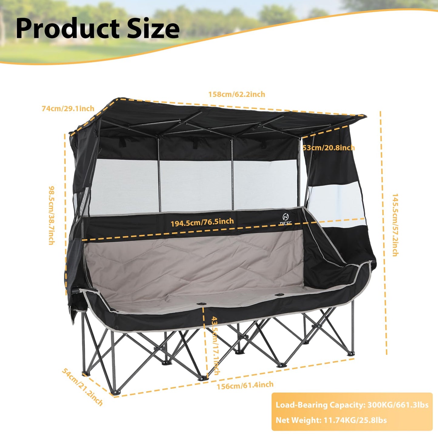 Nice C 3 Person Camping Chair with Canopy, Oversized Double Chair with Shade, Umbrella Chairs Loveseat Couch, Folding Padded Sports Bench with Cup Holder Cooler Bag for Adult Outdoor Lawn(Black&Grey)
