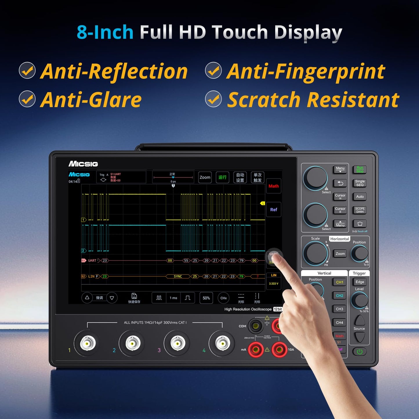 SainSmart Micsig 12-bit High Resolution Tablet Oscilloscope MHO1, 100MHz Bandwidth, ≤3.5ns Rise Time, 4 Channels, Integrated 4 5/6 Digit Multimeter, 1GSa/s, 8” HD Touch Screen & 16000mAh Battery