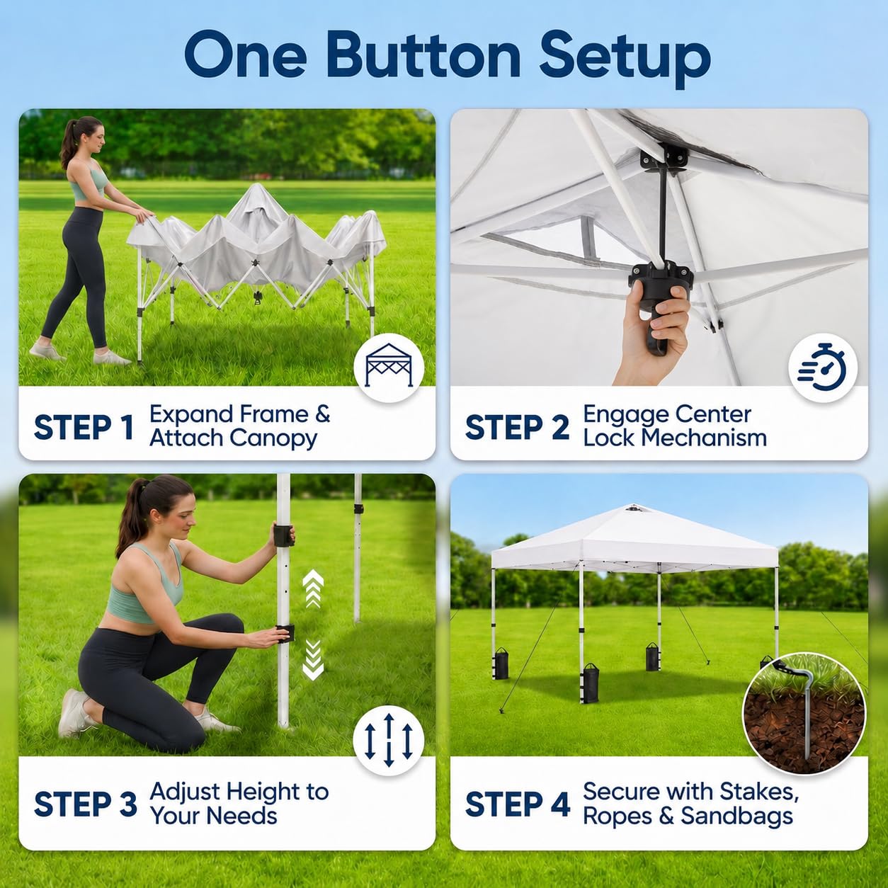 10x10 Pop Up Canopy Tent – One-Person Setup, Waterproof & UV-Blocking, Heavy-Duty Steel Frame, Wheeled Bag & Sandbags – Outdoor Shelter for Party, Camping, Beach, Outside Events (White)