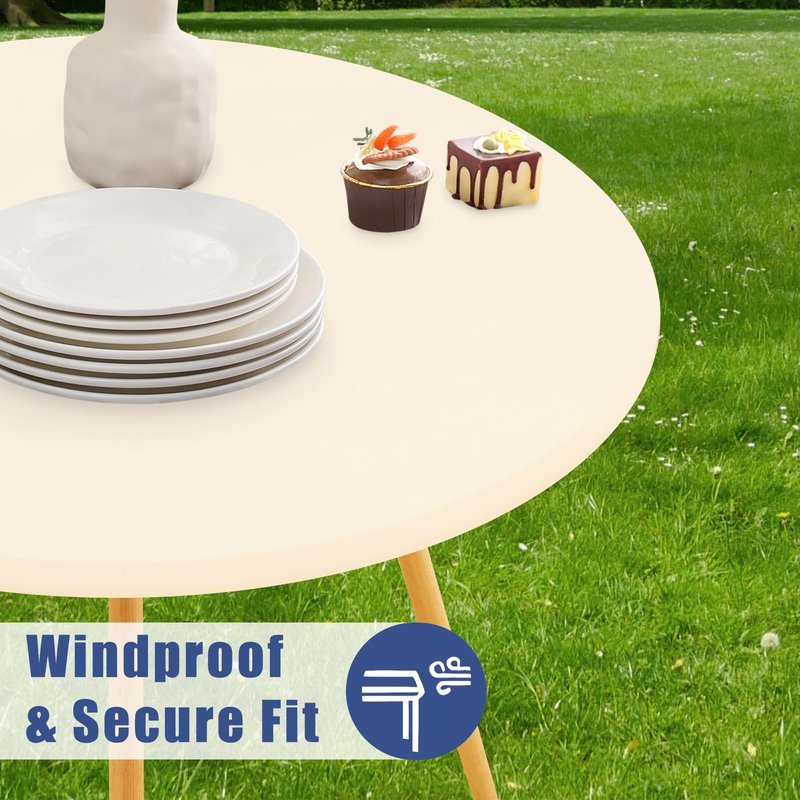 Moosfor Round Spandex Tablecloth, Elastic Fitted Waterproof Tablecloths for 45"-56" Tables, Stretch Washable Picnic Table Cover for Camping, Dining, Indoor and Outdoor, Beige