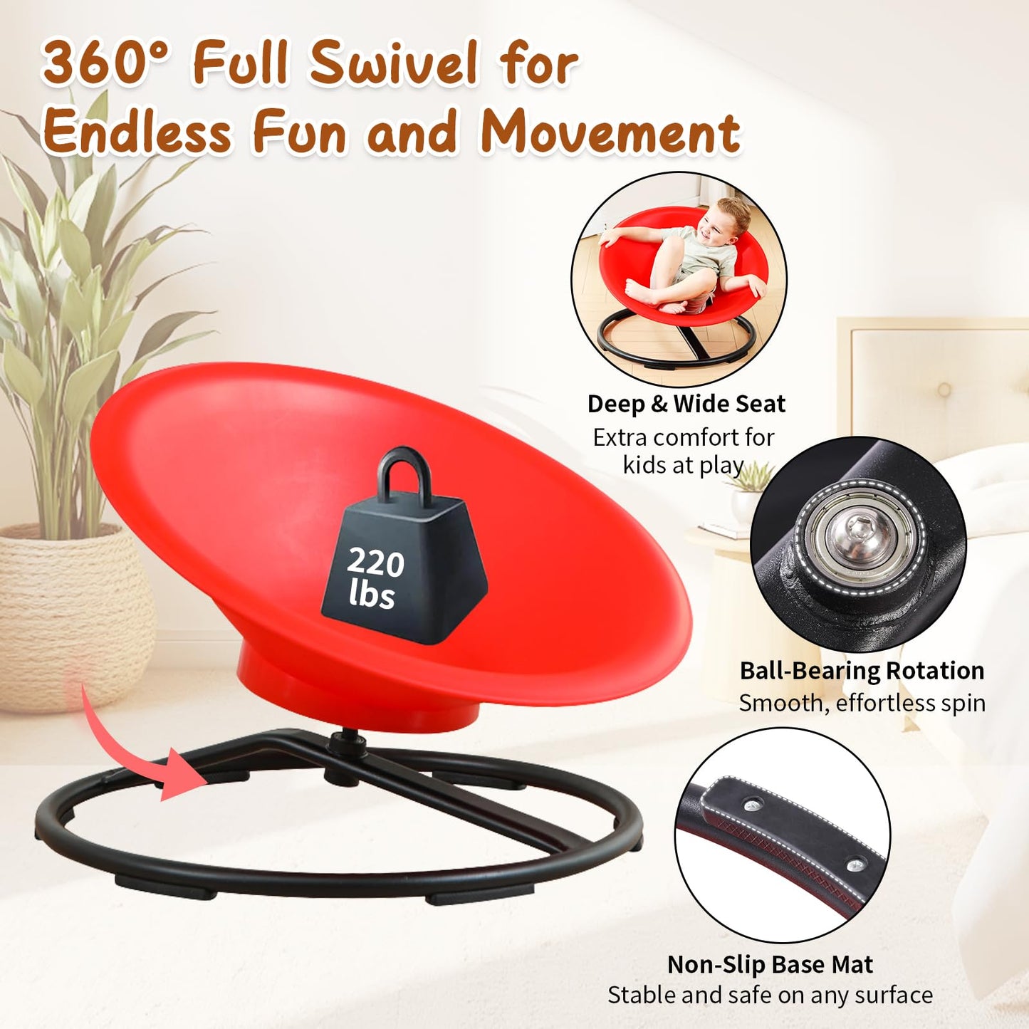 HAPPYMATY Spinning Chair for Autistic Kids, Sit and Spin Autism Toys for Age 3+, Sensory Swivel Chair Enhancing Motor Skills, Educational Indoor & Outdoor Toys (Red)