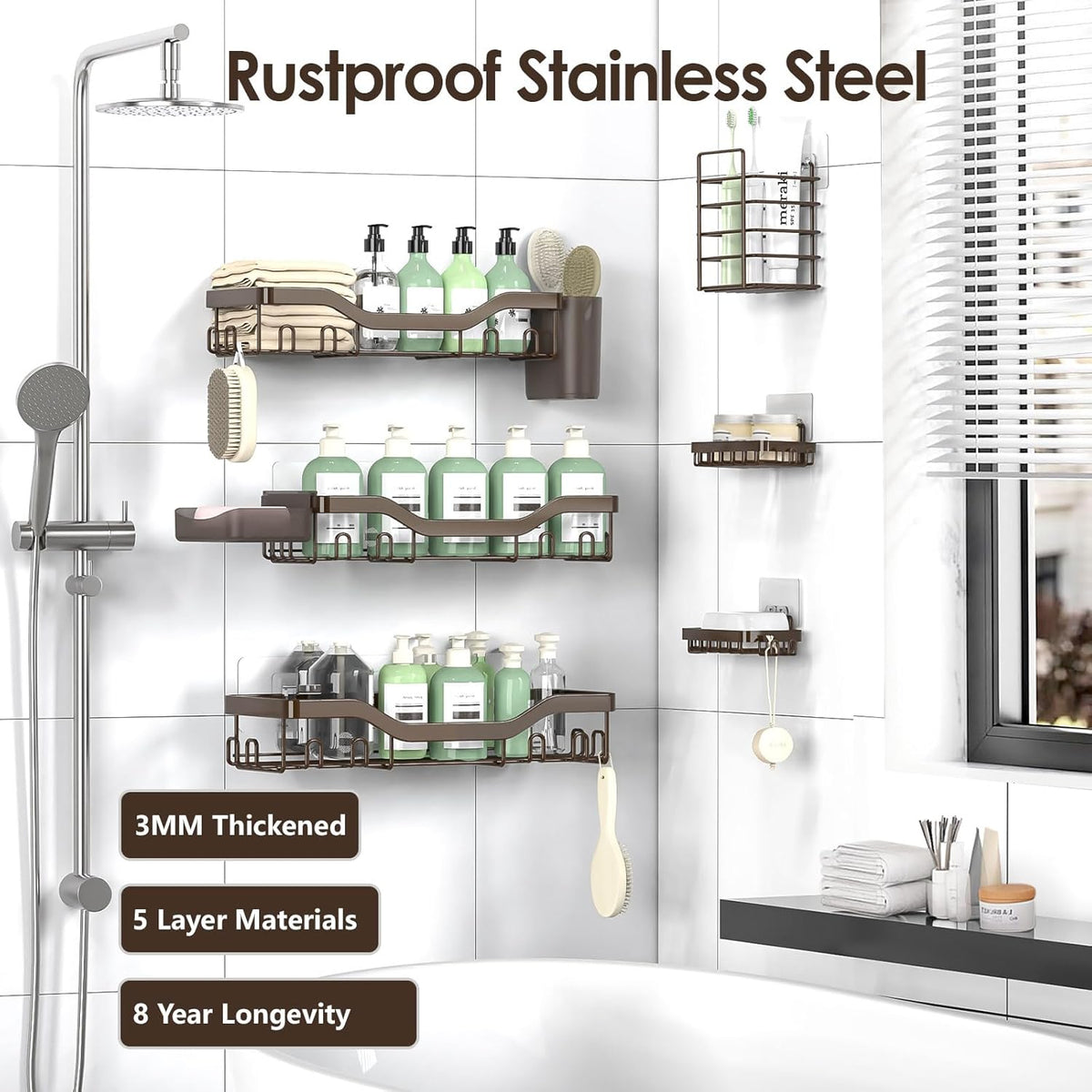 NESOMI Shower Caddy - Rustproof Stainless Steel Organizer with Soap Dish & Hooks | 8-Pack Large Capacity