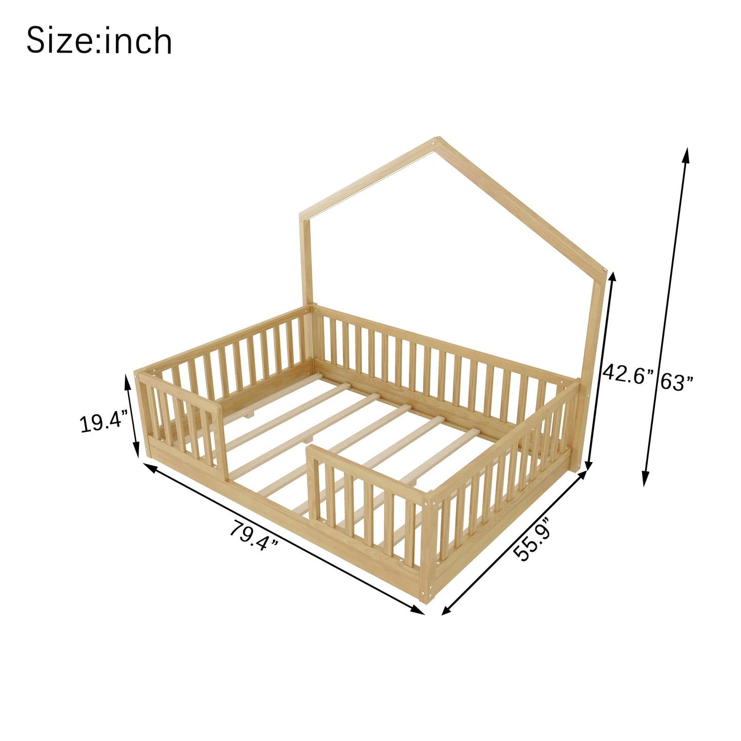 KEIKI Full House Shaped Floor Bed, Kids Montessori Platform Bed Frame with Light & Tall Rails, Solid Beds Frames Full-Size for Boys Girls Bedroom, No Box Spring Needed, Easy Assembly, Brown