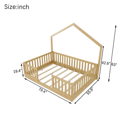 KEIKI Full House Shaped Floor Bed, Kids Montessori Platform Bed Frame with Light & Tall Rails, Solid Beds Frames Full-Size for Boys Girls Bedroom, No Box Spring Needed, Easy Assembly, Brown