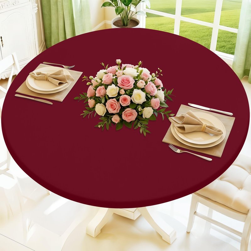 Moosfor Round Spandex Tablecloth, Elastic Fitted Waterproof Tablecloths for 45"-56" Tables, Stretch Washable Picnic Table Cover for Camping, Dining, Indoor and Outdoor, Wine Red