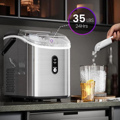 Kismile Nugget Ice Makers Countertop,35Lbs/24H,Portable Sonic Ice Machine with Self-Cleaning,One-Click Operation for Home/Office(Stainless Steels Silver)