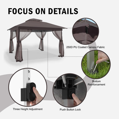 Pop Up Gazebo 11x11 - Outdoor Canopy Tent with Mosquito Netting & Wheeled Carry Bag, Double Roof Gazebos for Backyard Party Garden Wedding Camping (Brown, 11X11)