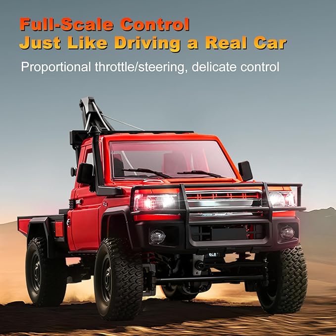 RC Crawler 1:12 Scale MN82 New Upgrades MN82-T RC Crane Truck 4WD LC79 Land Cruiser Rock Crawler with Lights Speed Adjustment Crane Tires All Terrain Wrecker for Teens Adults(Red)