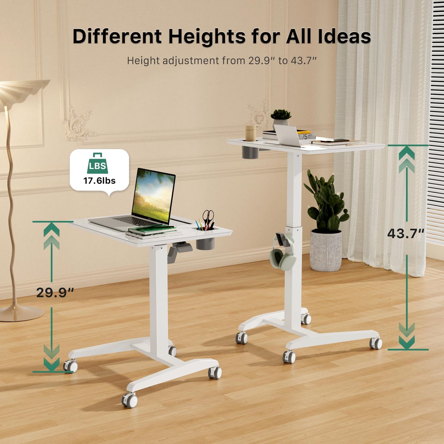 Gibbon Mounts Glass Mobile Standing Desk, Height Adjustable Rolling Laptop Table, 27 inches Portable Sit Stand Desk with Wheels and Hook, Pneumatic Computer Workstation, White