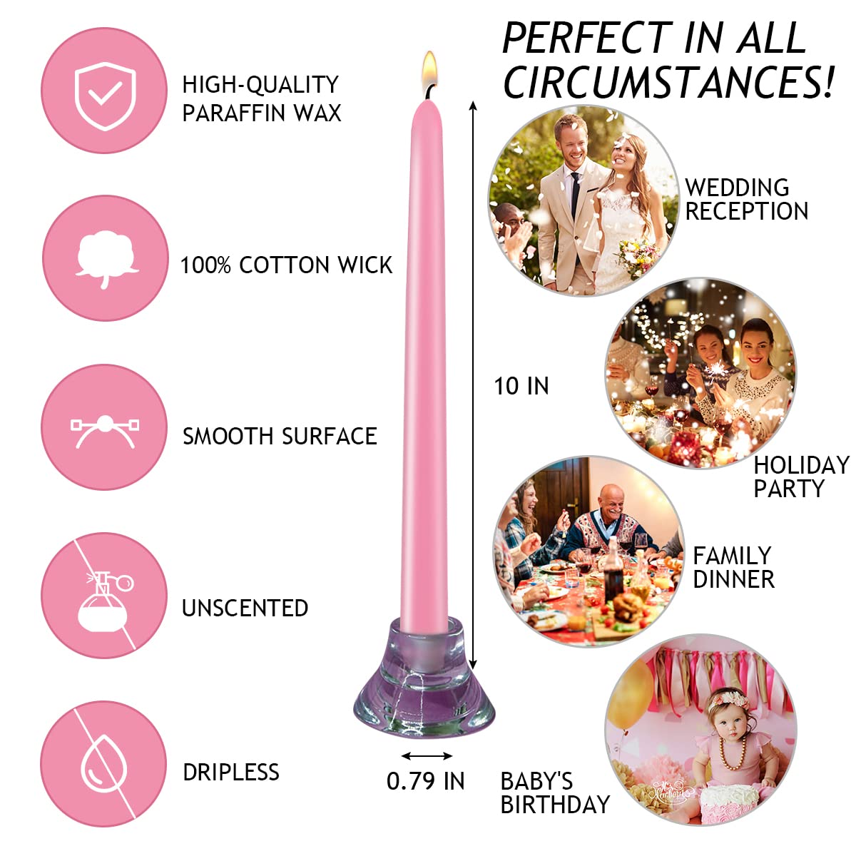 10 Inch Pink Taper Candles Set of 20, Dripless and Unscented Candle Sticks for Dinner, Shabbat, Halloween, Christmas, Wedding, 8 Hours