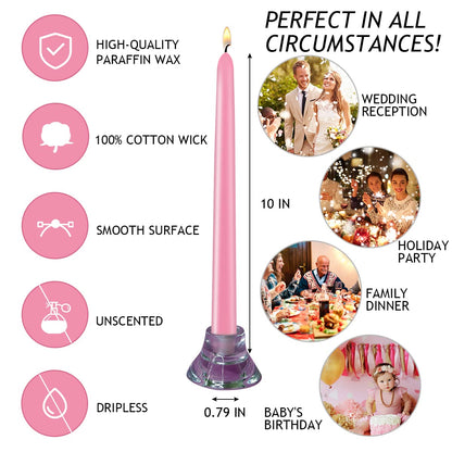 10 Inch Pink Taper Candles Set of 20, Dripless and Unscented Candle Sticks for Dinner, Shabbat, Halloween, Christmas, Wedding, 8 Hours