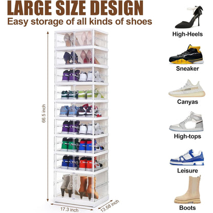 AOHMPT Foldable Storage Box - Easy Assembly Clear Plastic Stackable Shoe Storage Cabinet Organizer with Lids - Large Size Shoe Rack (9 layers clear)