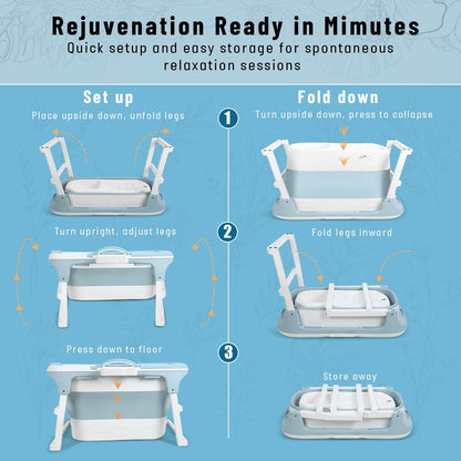 PlayNeew 103cm Portable Folding Bathtub, Small Foldable Soaking Tub with Ergonomic Seat & Massage Roller, Large Collapsible Freestanding Tub for Adults, Hot/Ice Bath Blue