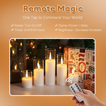 Girimax Clear Glass Flameless Candles with Remote Batteries, Flickering Slim LED Pillar Candles Set of 5