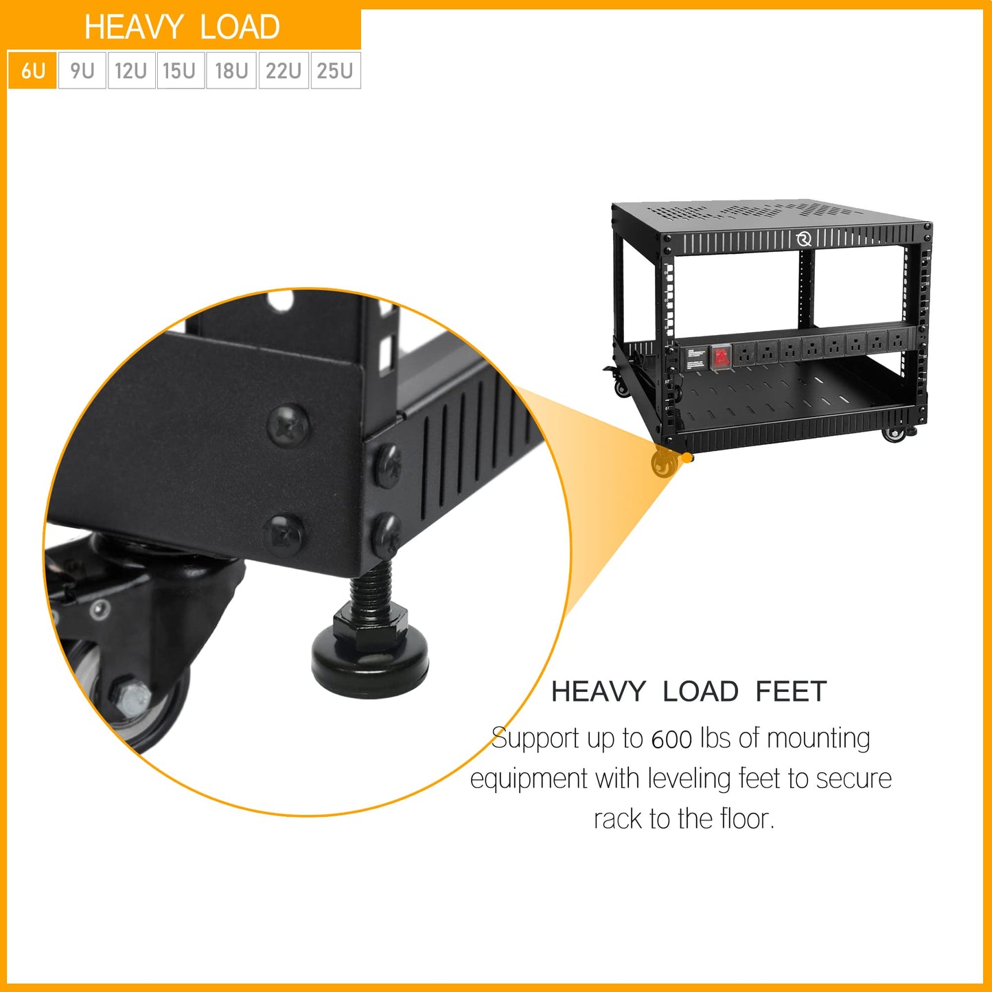 RIVECO 6U Network Rack with Top & Bottom Vented Plates- 4 Rolling Wheels Floor Standing Rack for 19" Equipment & Stereo Gear- Including Basic Rail Mount PDU Power Strip & M5 Screws 50 Sets