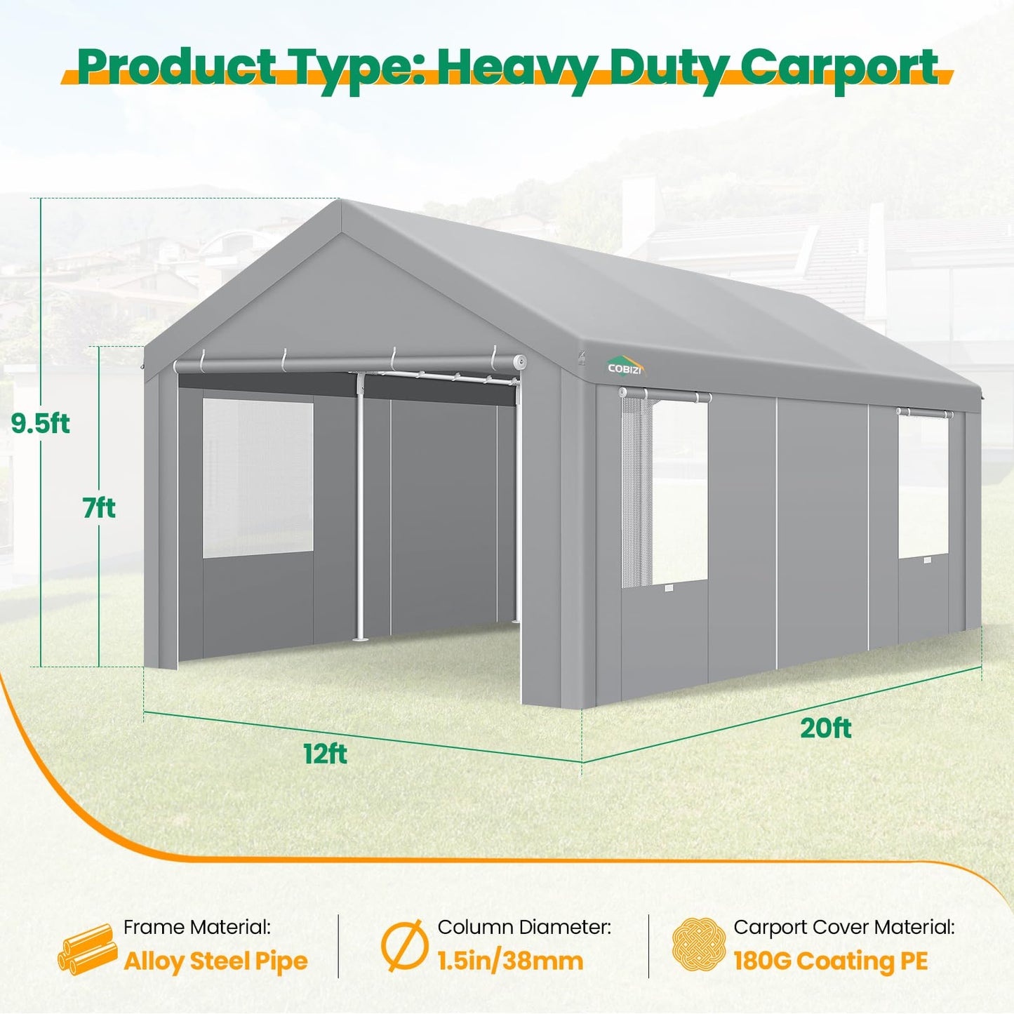 COBIZI Carport Canopy 12x20 Heavy Duty Portable Garage with Removable Sidewalls & Doors, Car Port Canopy Tent with Built-in Sandbags & All-Season Tarp for Car Boat Truck, Gray