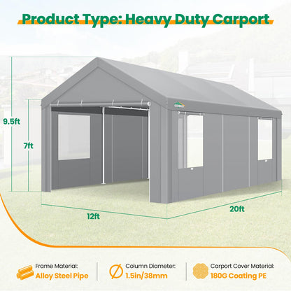 COBIZI Carport Canopy 12x20 Heavy Duty Portable Garage with Removable Sidewalls & Doors, Car Port Canopy Tent with Built-in Sandbags & All-Season Tarp for Car Boat Truck, Gray