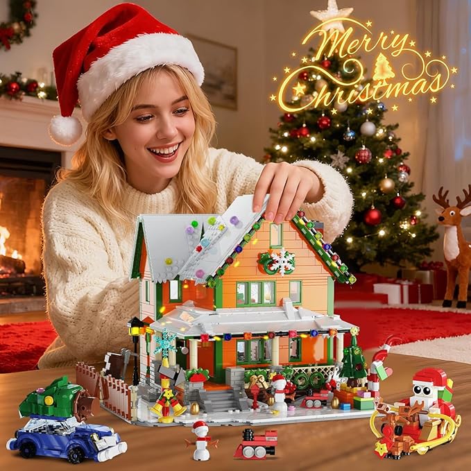 Christmas House Mini Building Set with Light PLAXSOON 1961 PCS Holiday Snow Village Architecture Model Building Block with Santa Claus Sleigh Xmas Display Toy Set for Adults Kids Boys Girls Ages 14+