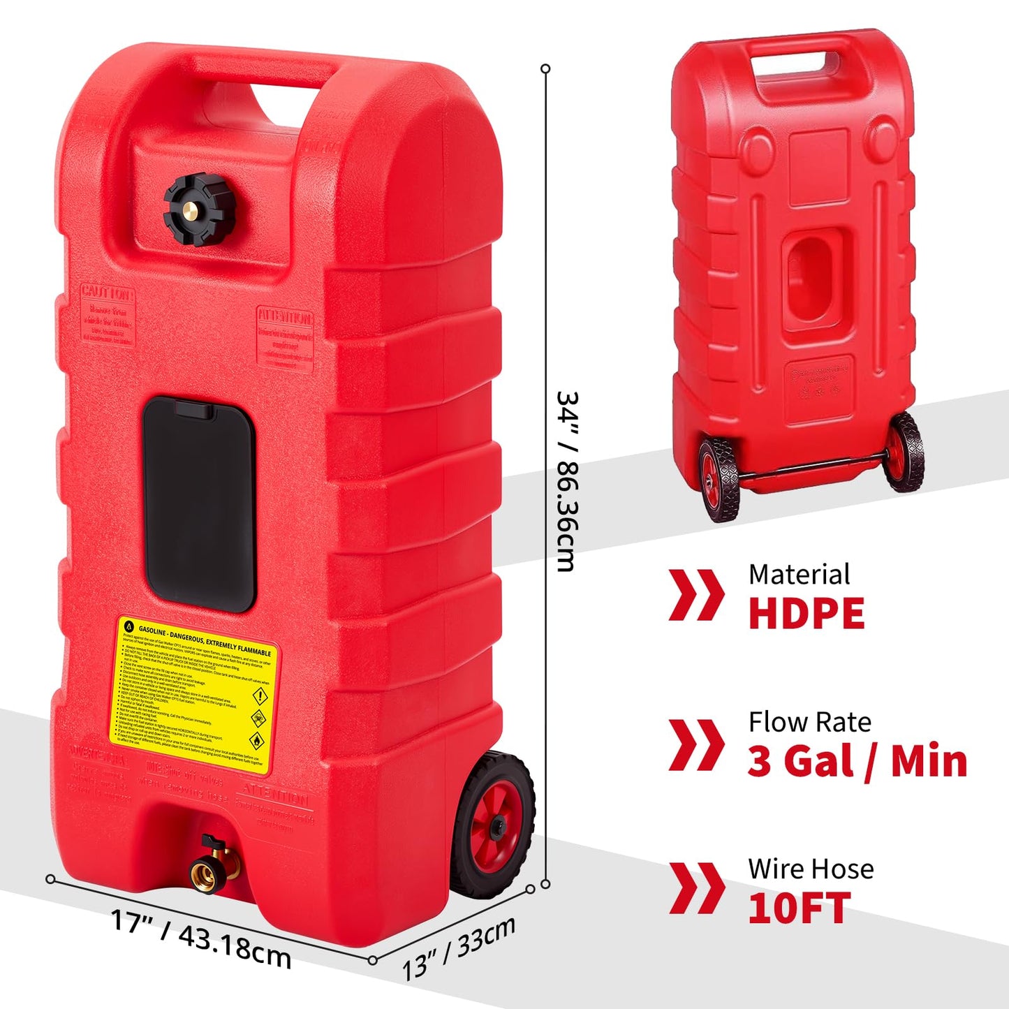 GarveeTech 15 gal Gas Can with Manual Transfer Pump & 10 ft Hose, Portable Fuel Tank with Wheels & Carry Handle, Leak-Proof Heavy Duty Gas Caddy for Cars, Boats, Lawn Mowers, Red